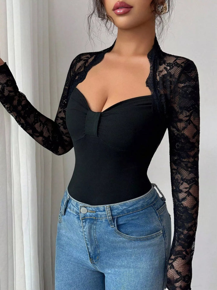 Black Sheer floral lace sleeve fitted top with sweetheart neckline