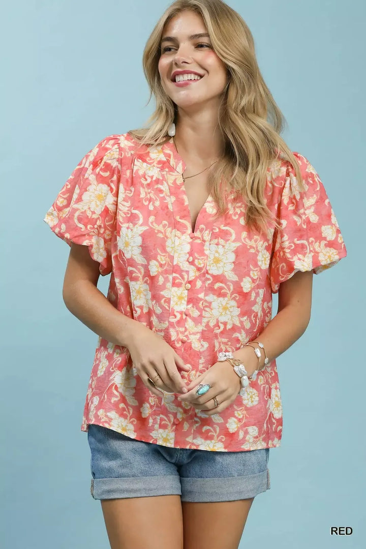 RED Floral flutter-sleeve button-front top with split V-neck