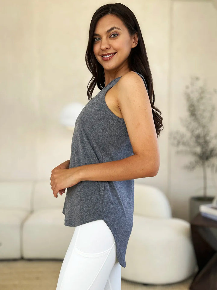 Round neck curved hem rayon tank top