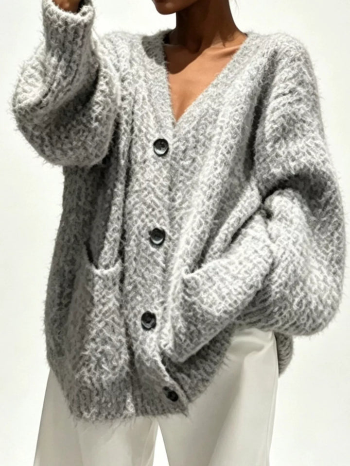 Light Gray Fuzzy knit V-neck button-down cardigan with patch pockets