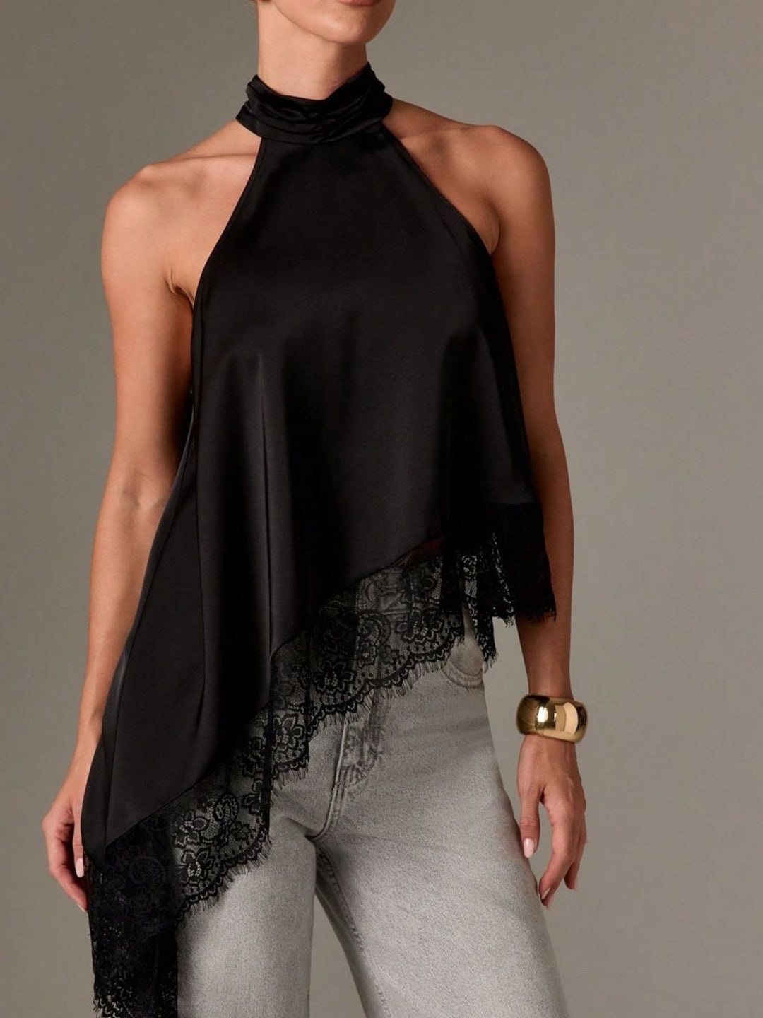 Satin halter neck cami with lace trim asymmetrical hem