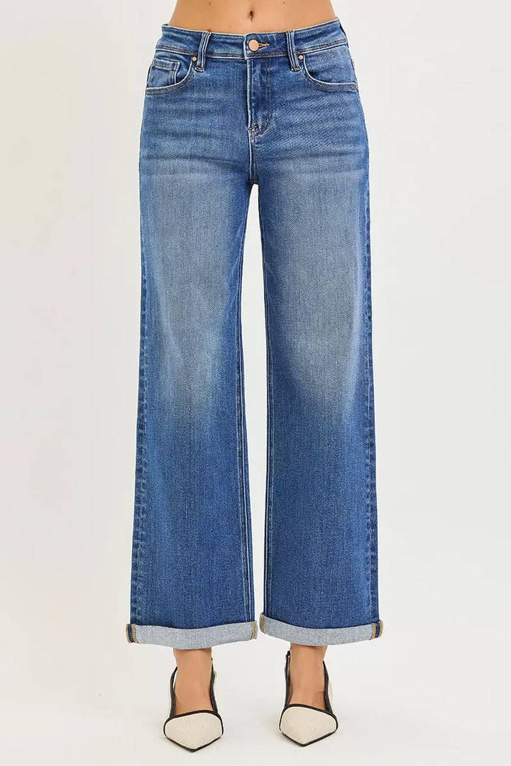 High rise relaxed straight leg jeans with cuffed ankle hem