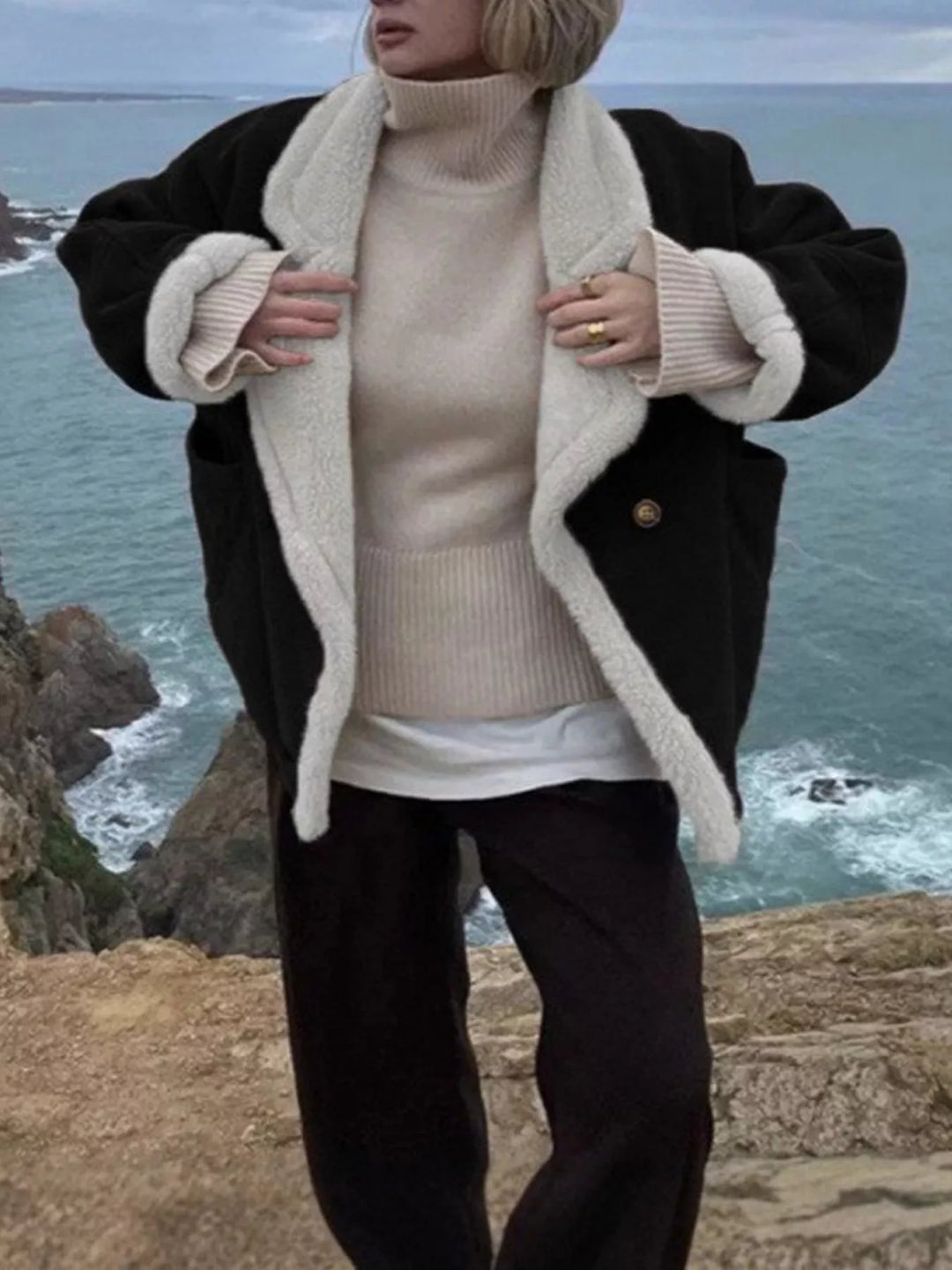 Black Sherpa-lapel double-breasted drop shoulder fleece coat