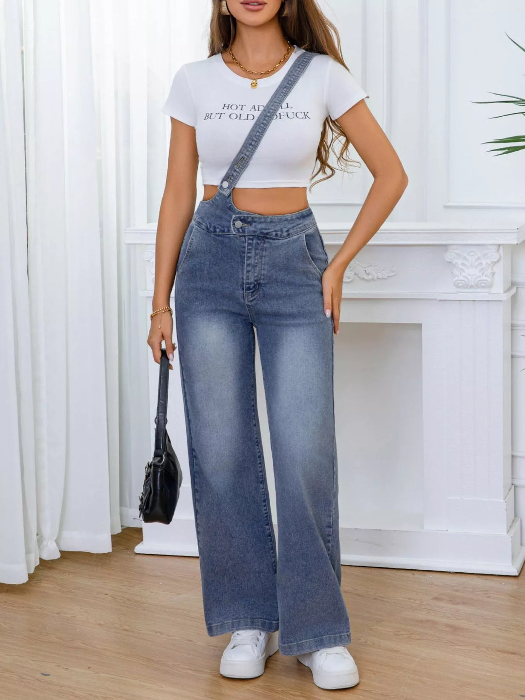 Adjustable single-strap washed wide-leg denim overalls