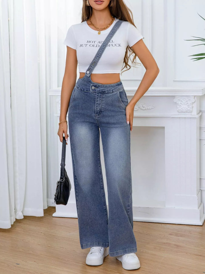 Adjustable single-strap washed wide-leg denim overalls