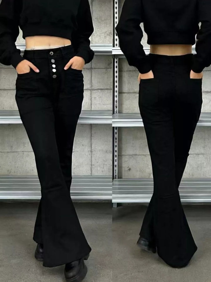 High-waisted button-fly flare jeans with patch pockets