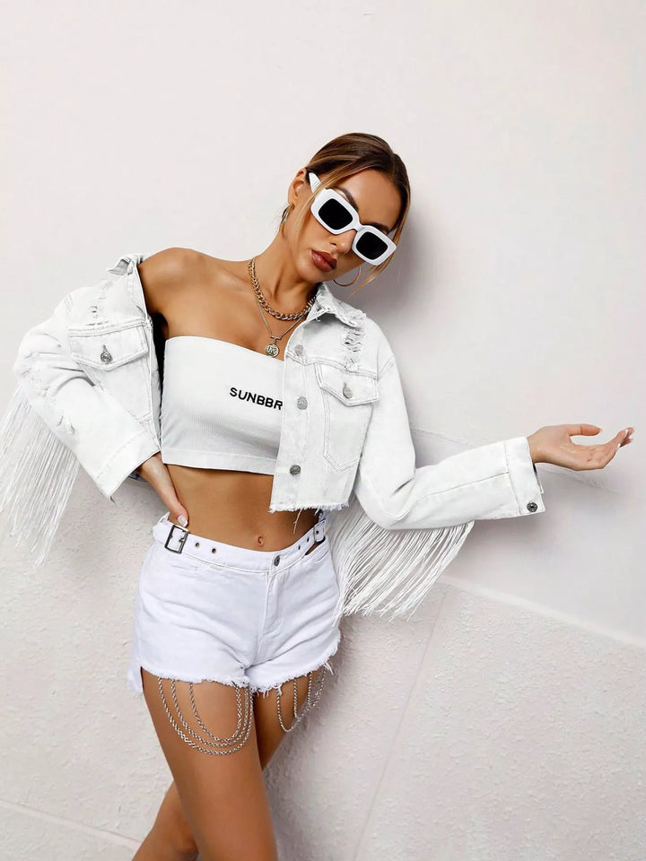 White Fringed distressed cropped denim jacket