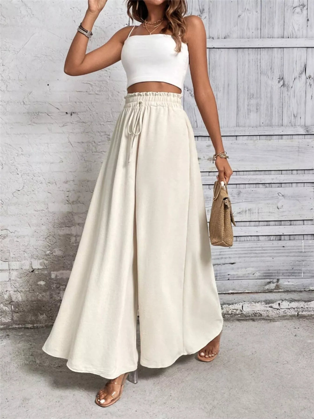 High-rise paper bag wide leg drawstring pants