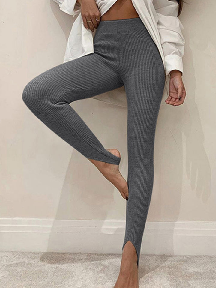 Charcoal Ribbed knit mid-rise leggings with split hem
