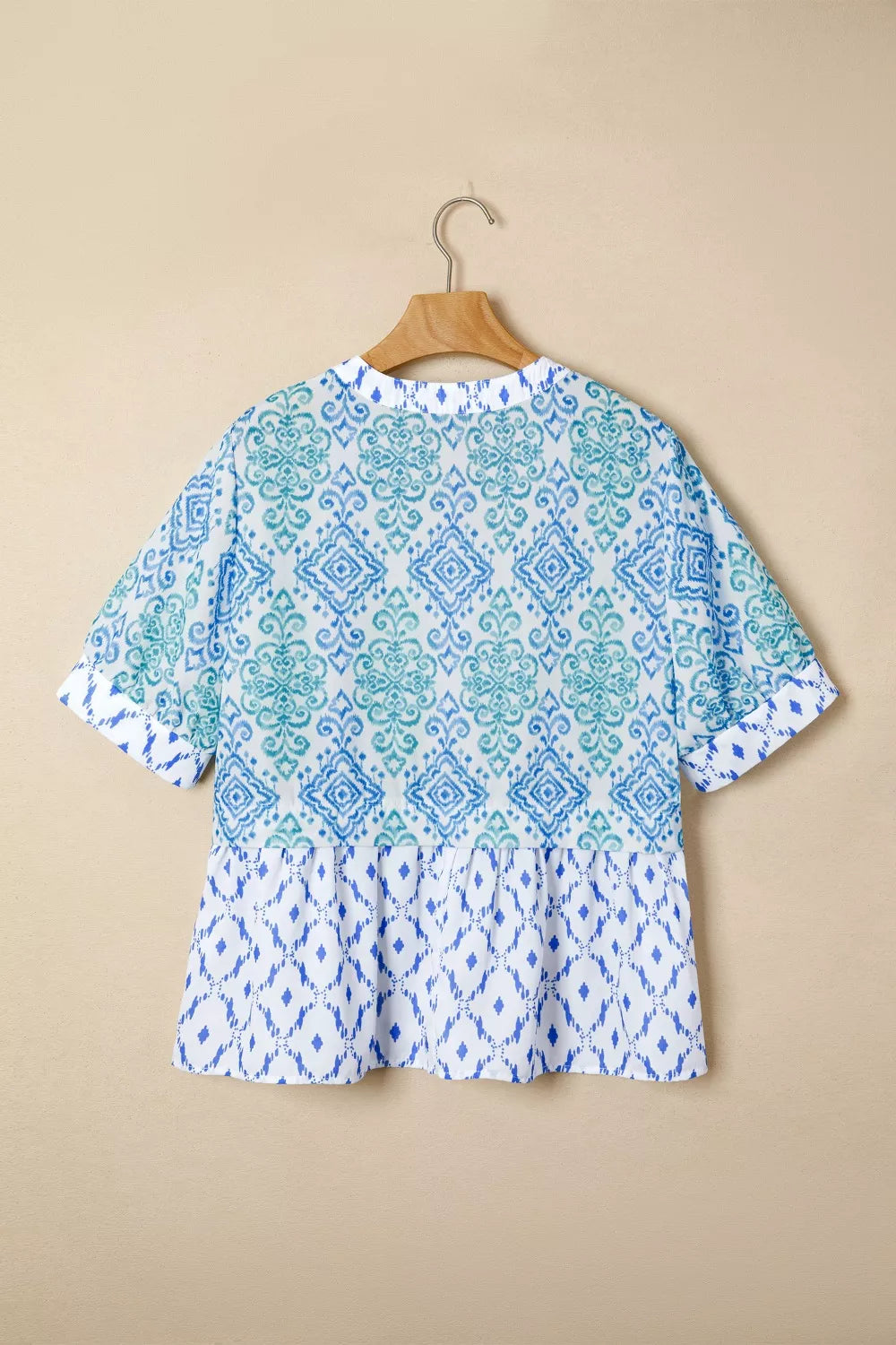 Mixed print patchwork babydoll blouse with split neck