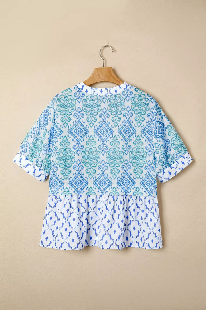 Mixed print patchwork babydoll blouse with split neck