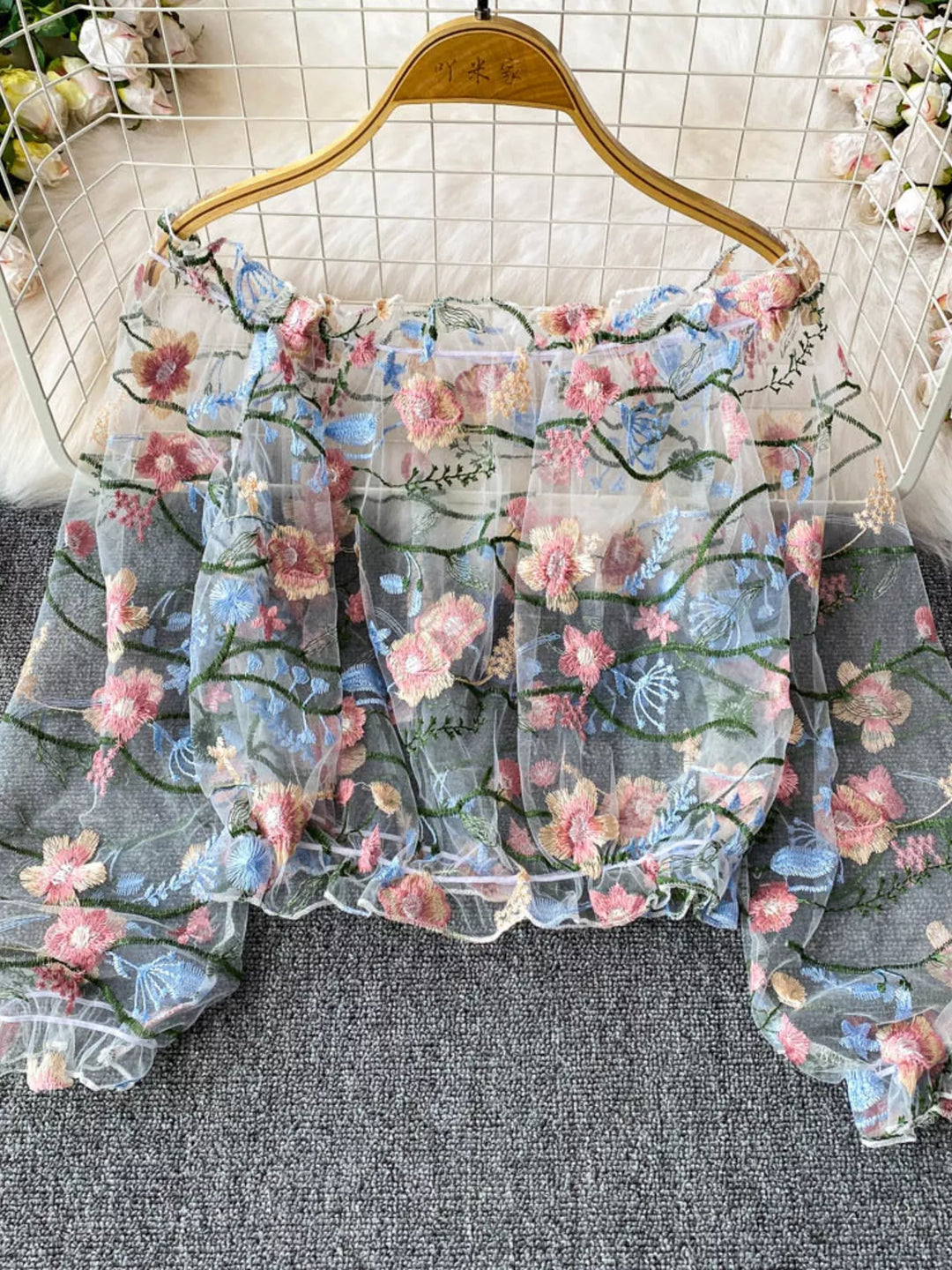 Light Blue Floral embroidered off-shoulder mesh crop top with puff sleeves