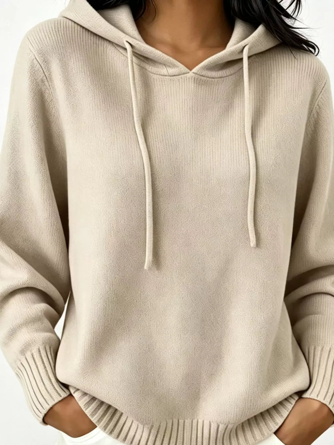 Apricot Drawstring hooded knit pullover sweater with ribbed trim