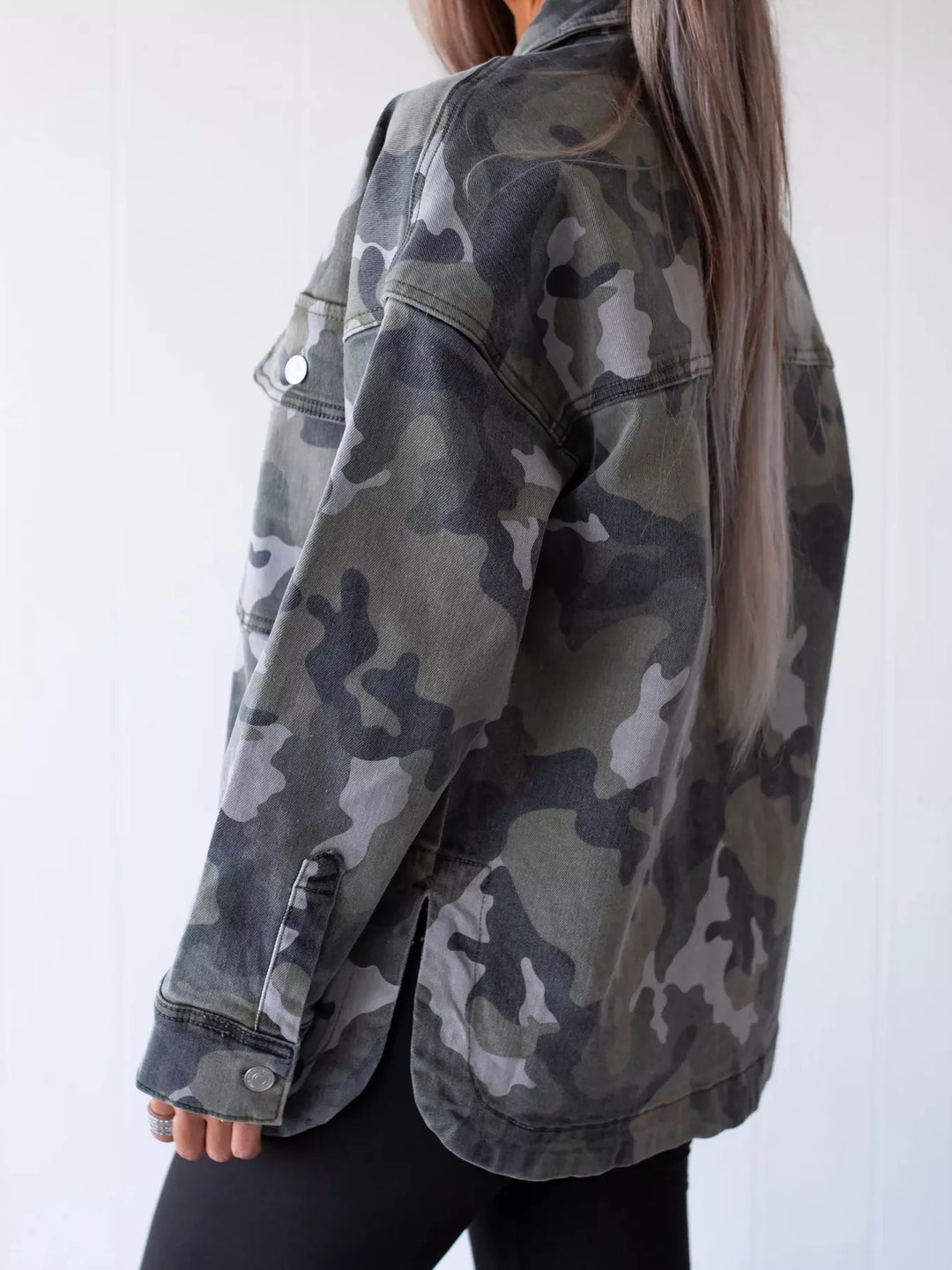 Camo print oversized button-up denim shacket