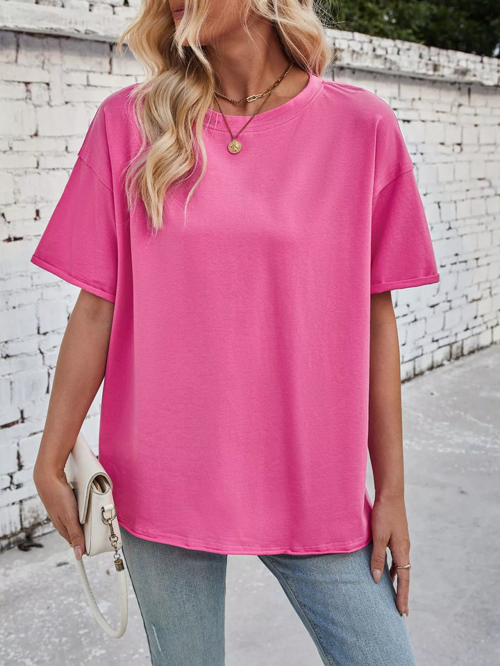Drop-shoulder loose-fit crew neck tee with cuffed sleeves