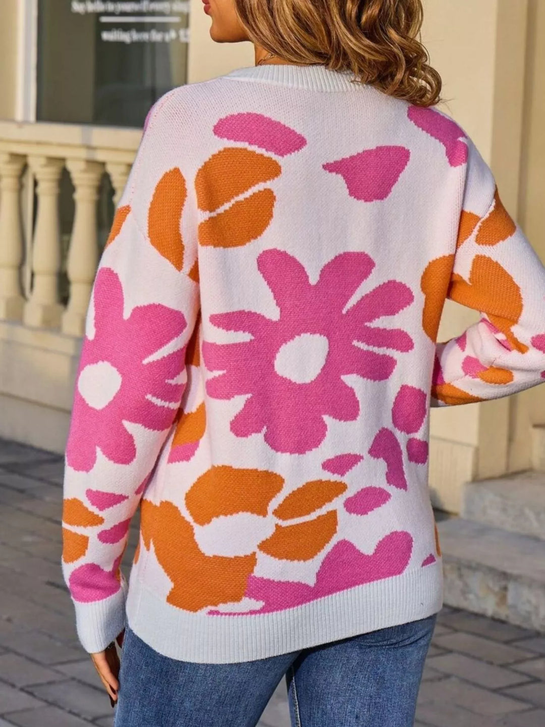 Retro floral knit crew neck pullover sweater