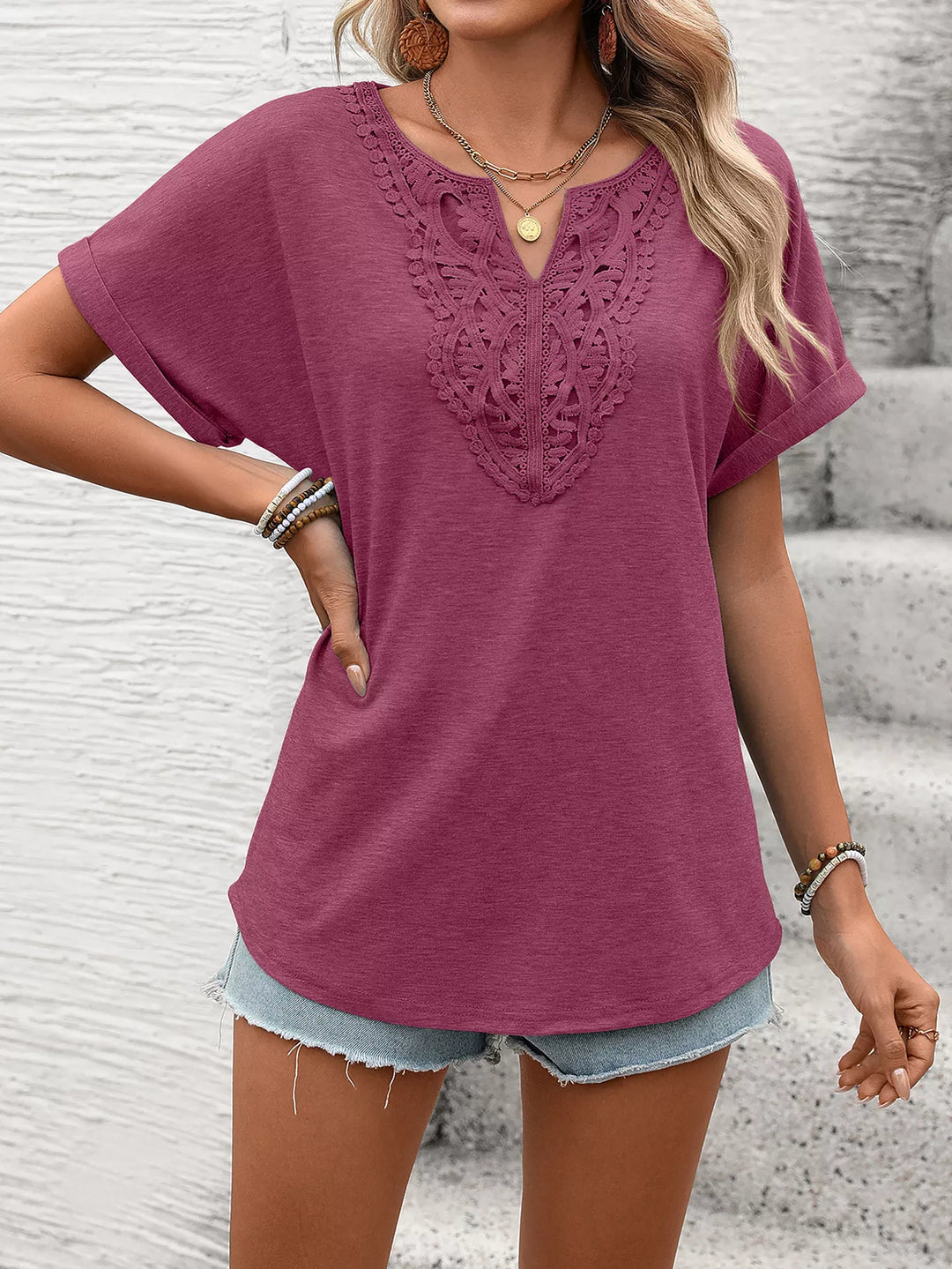 Burgundy Lace-trim V-neck short sleeve top with rolled cuffs