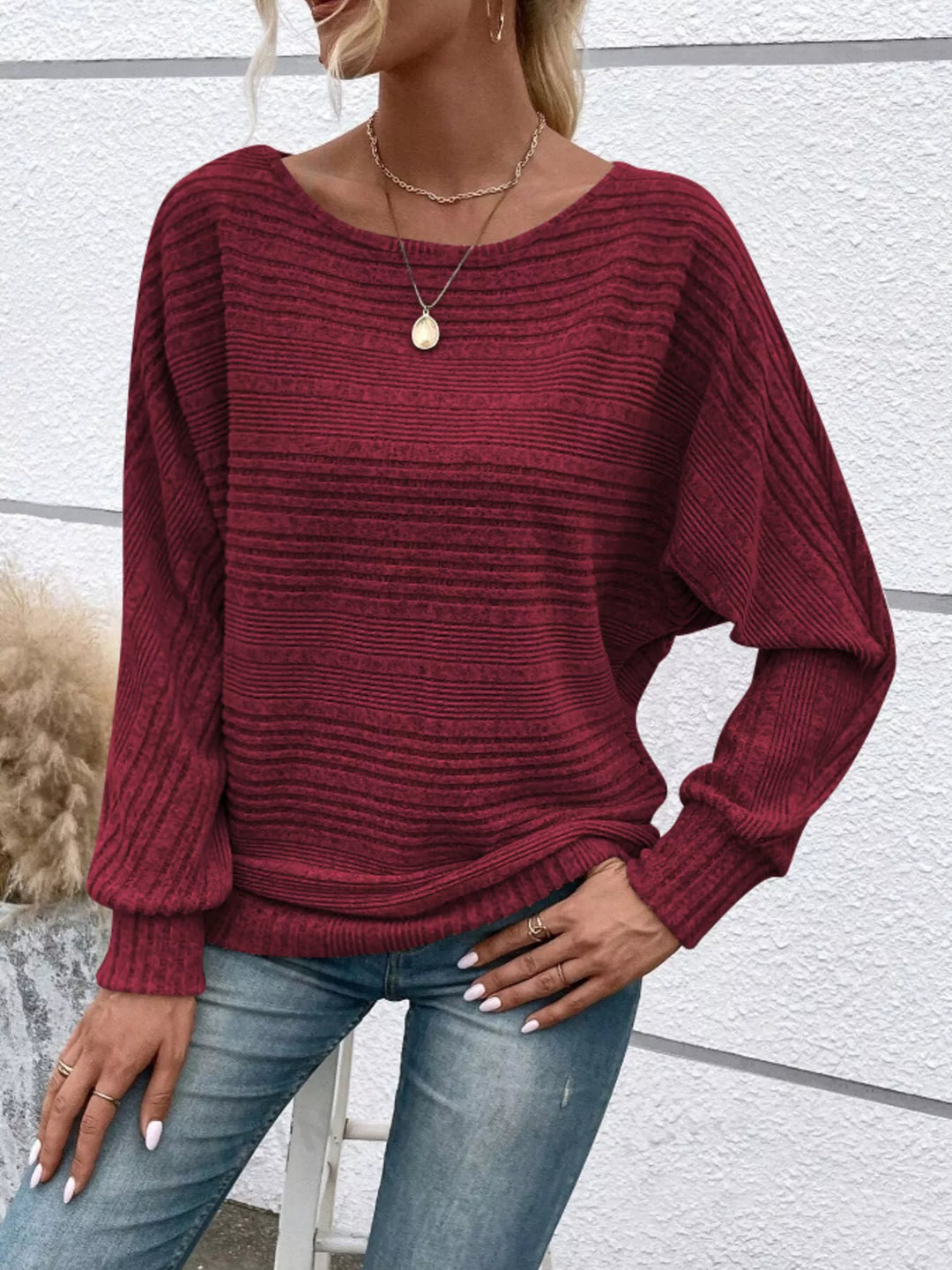 Ribbed knit long sleeve top with dolman sleeves