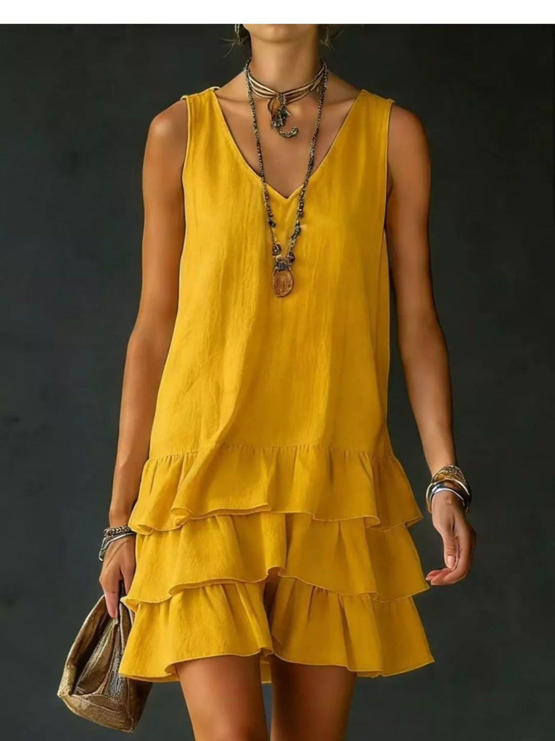 Yellow Tiered ruffle hem V-neck sleeveless mini dress