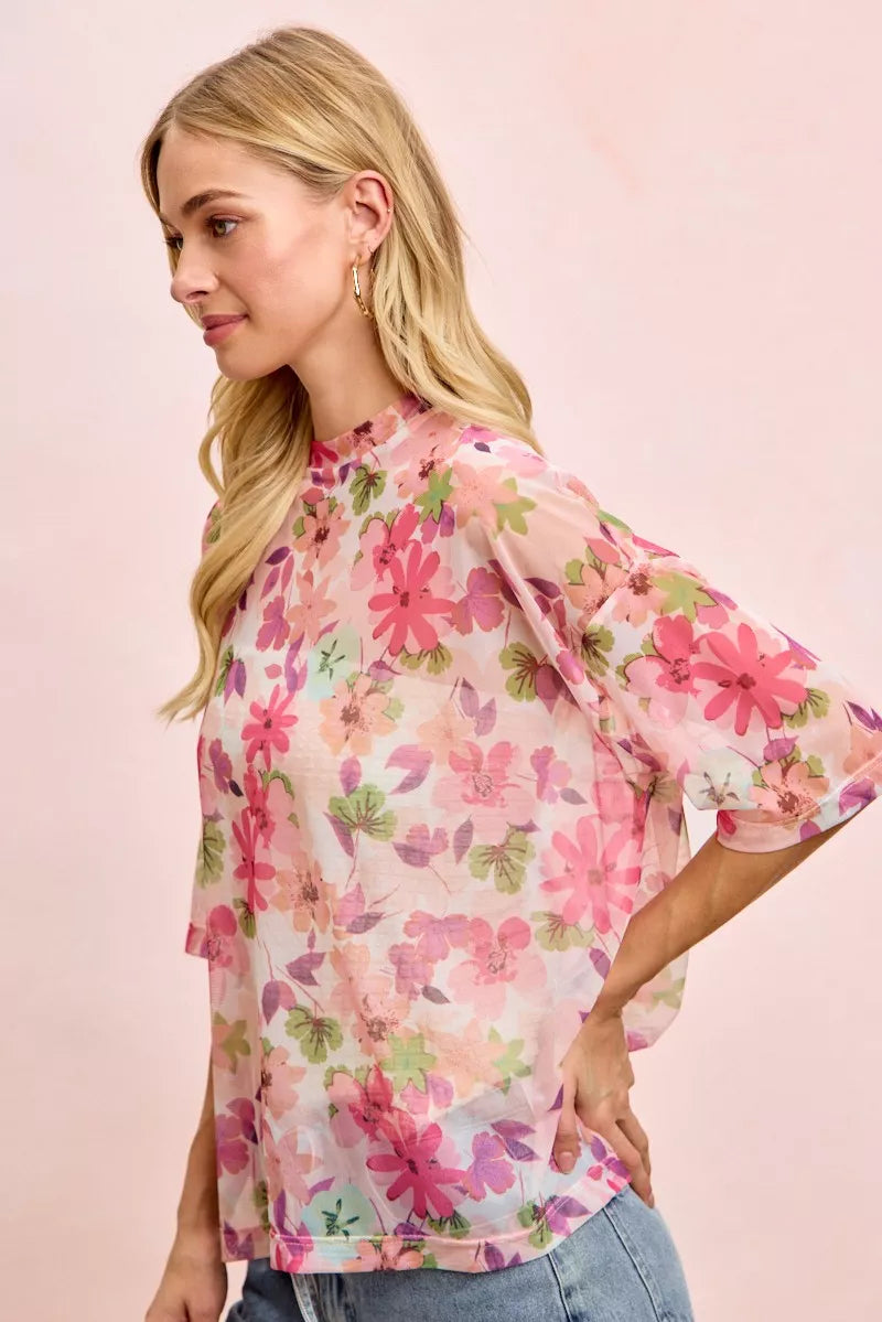 Sheer floral mesh boxy top with short sleeves