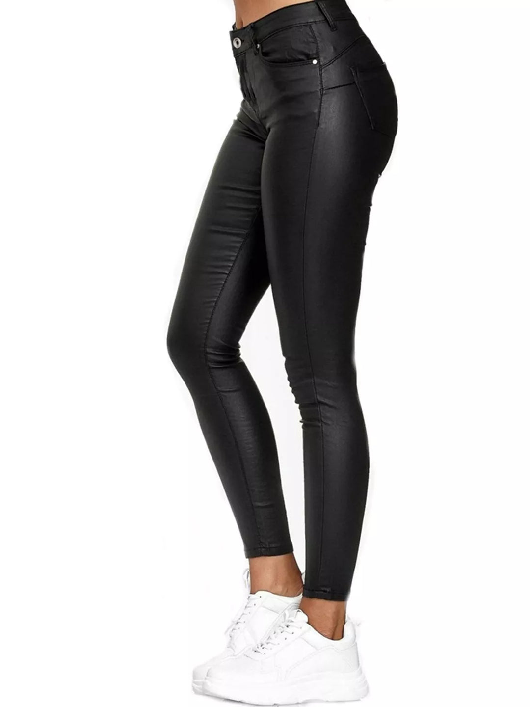 Coated high-rise skinny pants with five-pocket styling
