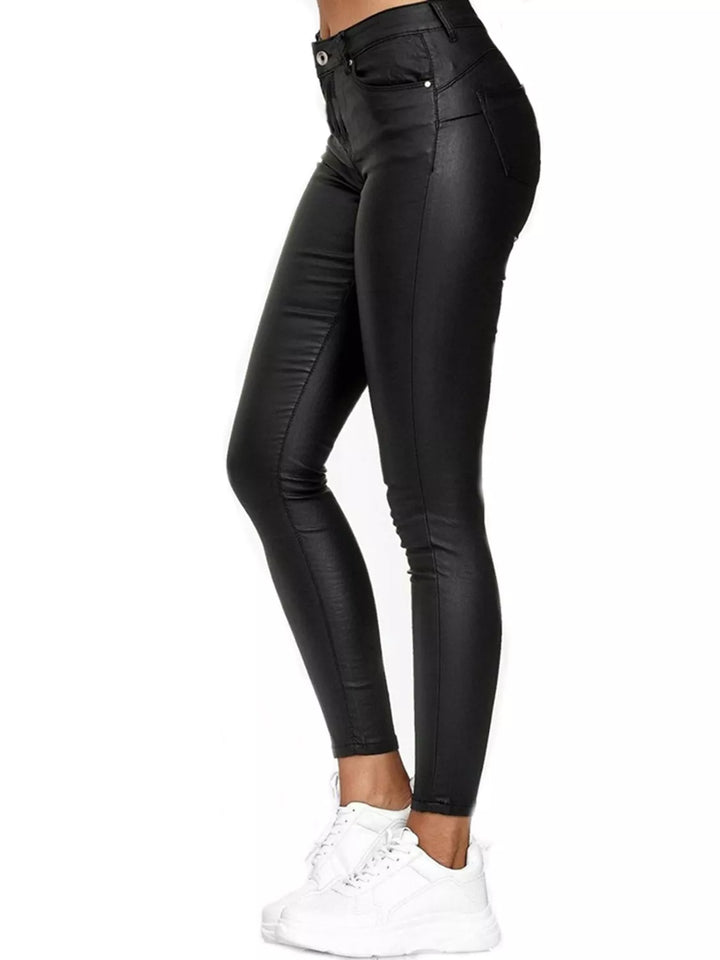 Coated high-rise skinny pants with five-pocket styling