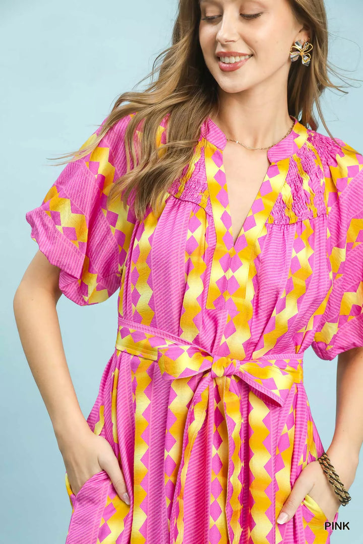 Geometric stripe smocked midi dress with tie waist