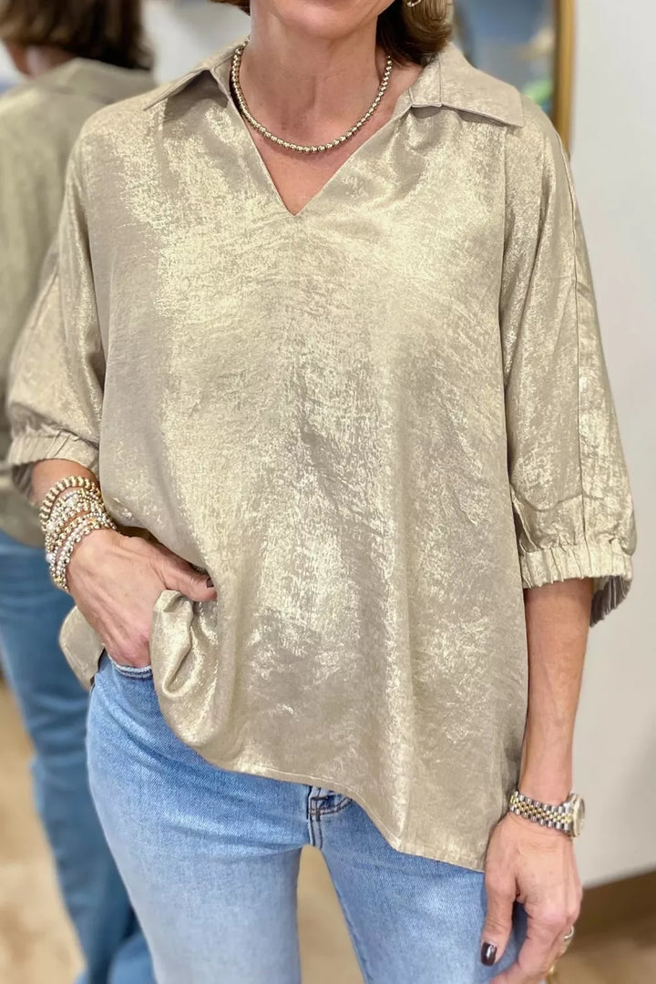 Metallic sheen johnny collar blouse with 3/4 puff sleeves