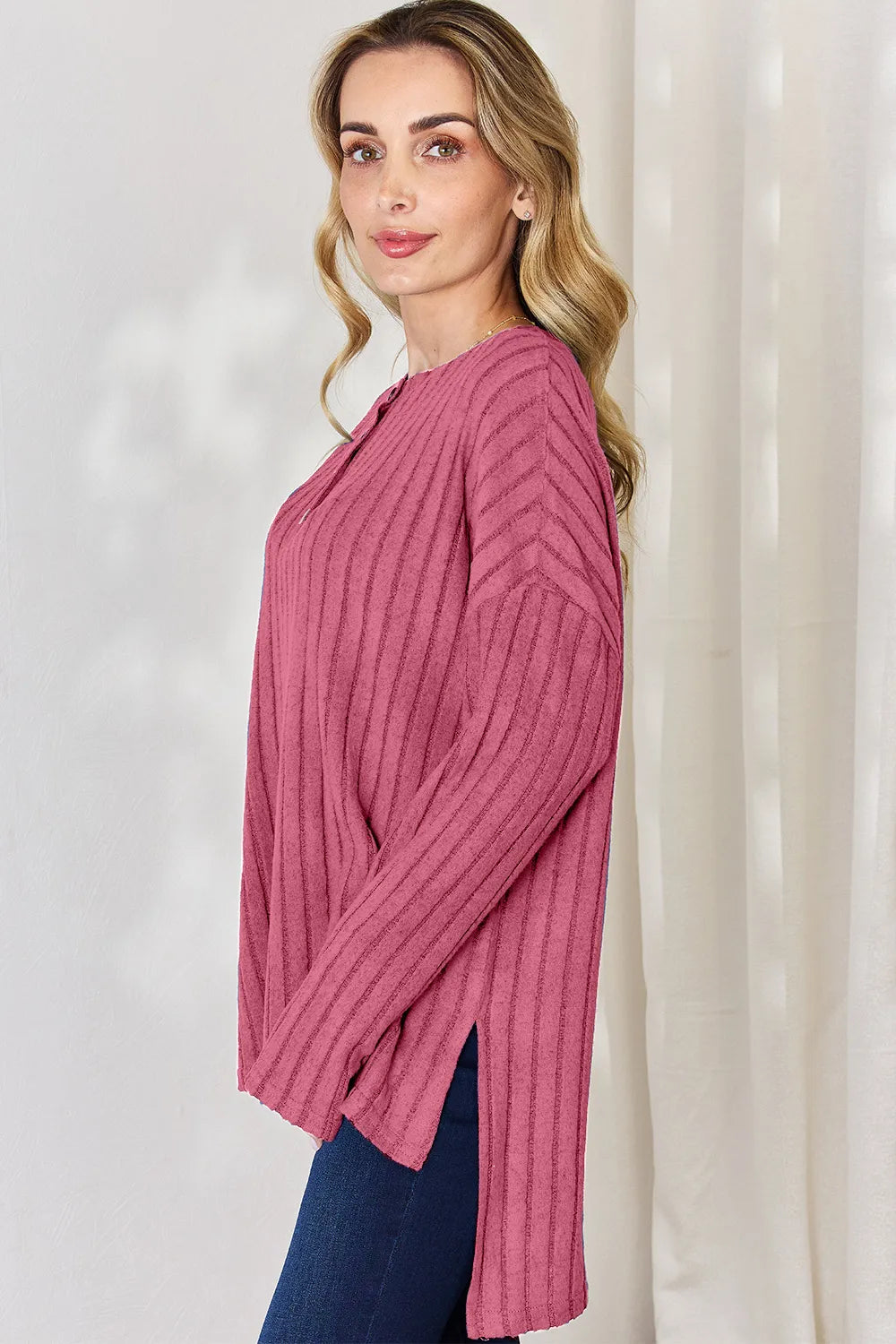 Ribbed knit half-button long sleeve high-low top