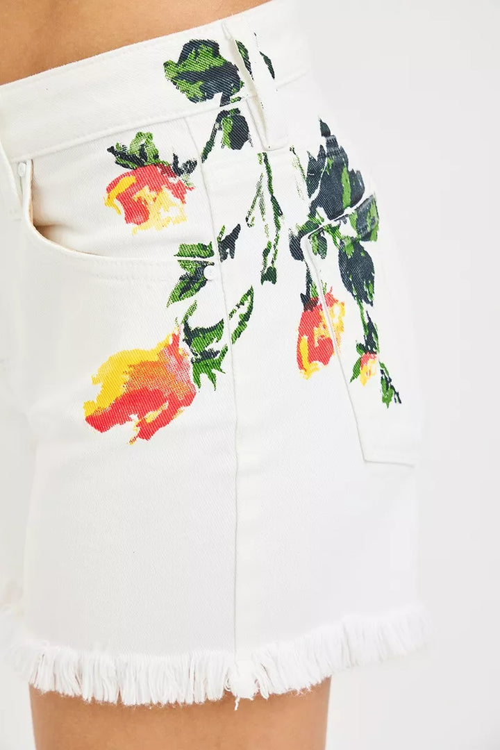 High-rise embroidered floral denim shorts with raw hem
