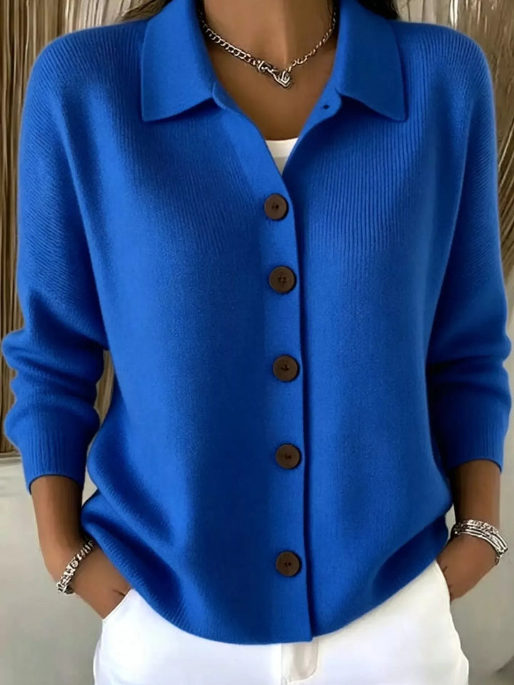 Blue Collared button-front knit cardigan with contrast buttons