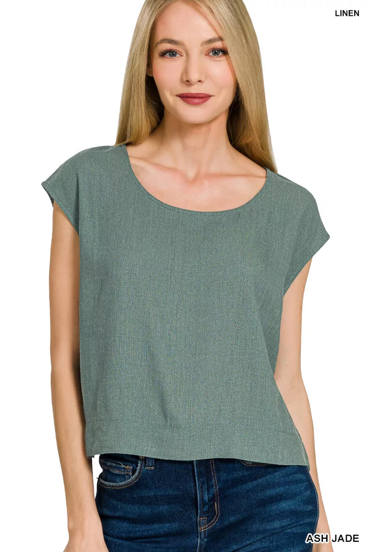 ASHJADE Relaxed cropped linen-blend top with cap sleeves