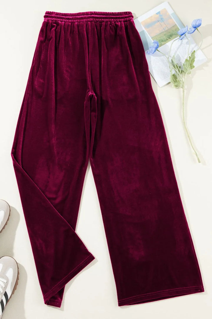 Velvet wide-leg drawstring pants with side pockets