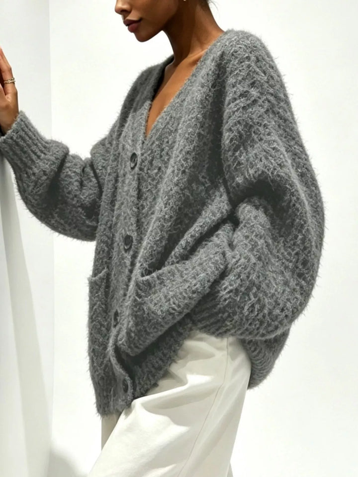 Fuzzy knit V-neck button-down cardigan with patch pockets