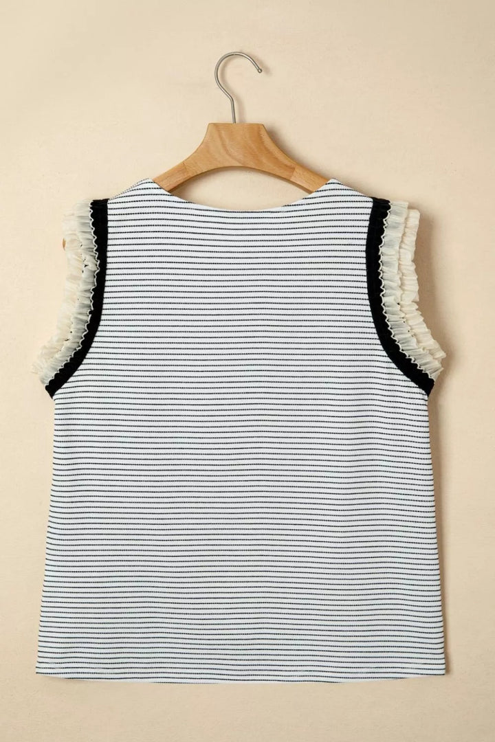Striped tank top with ruffle shoulder trim
