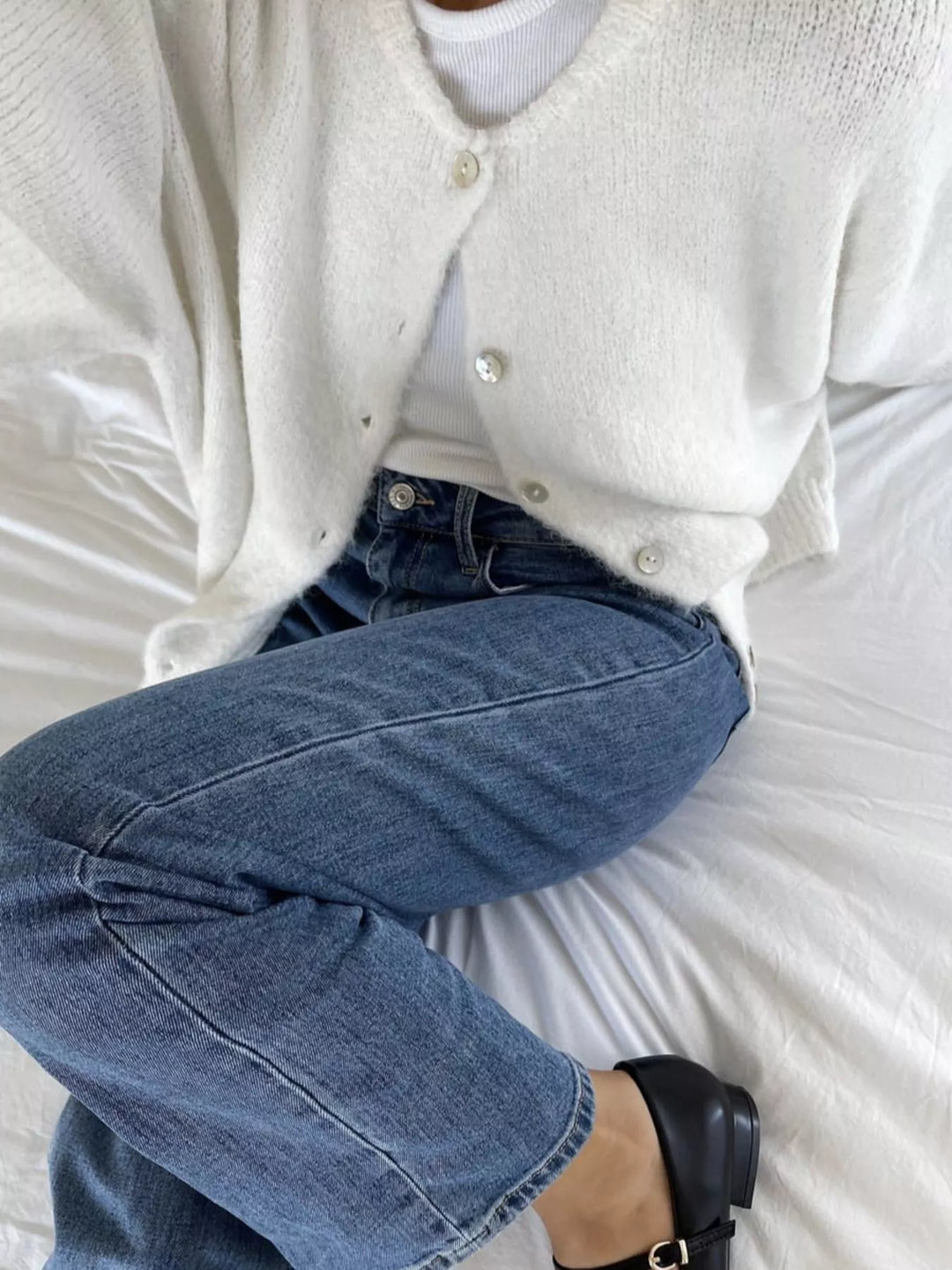 Brushed knit button-up cardigan with ribbed crew neck