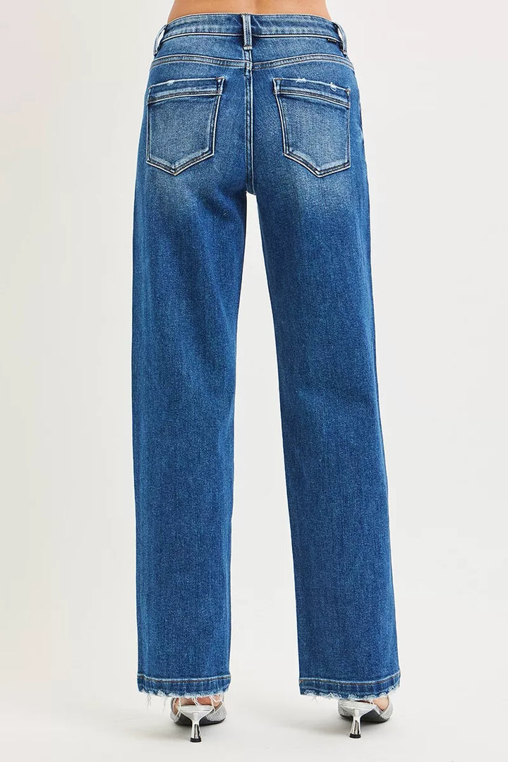 Slouchy wide-leg baggy jeans with raw hem and side seam detail
