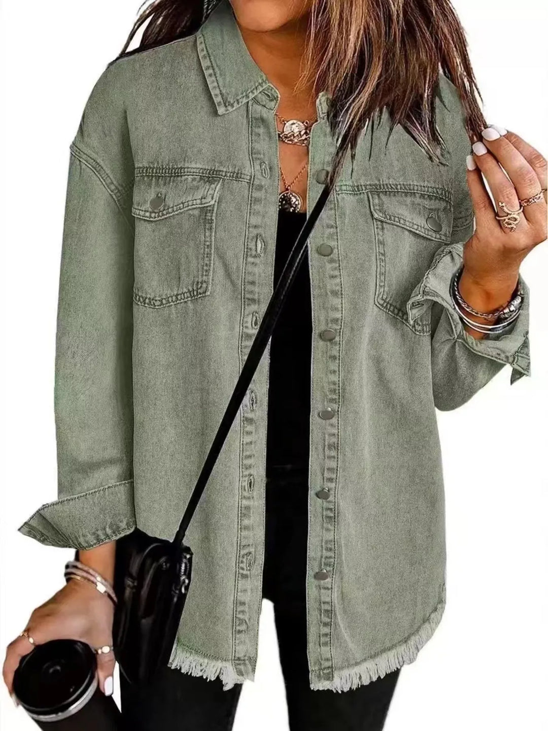 Olive Green Frayed raw hem button-up denim jacket with flap pockets