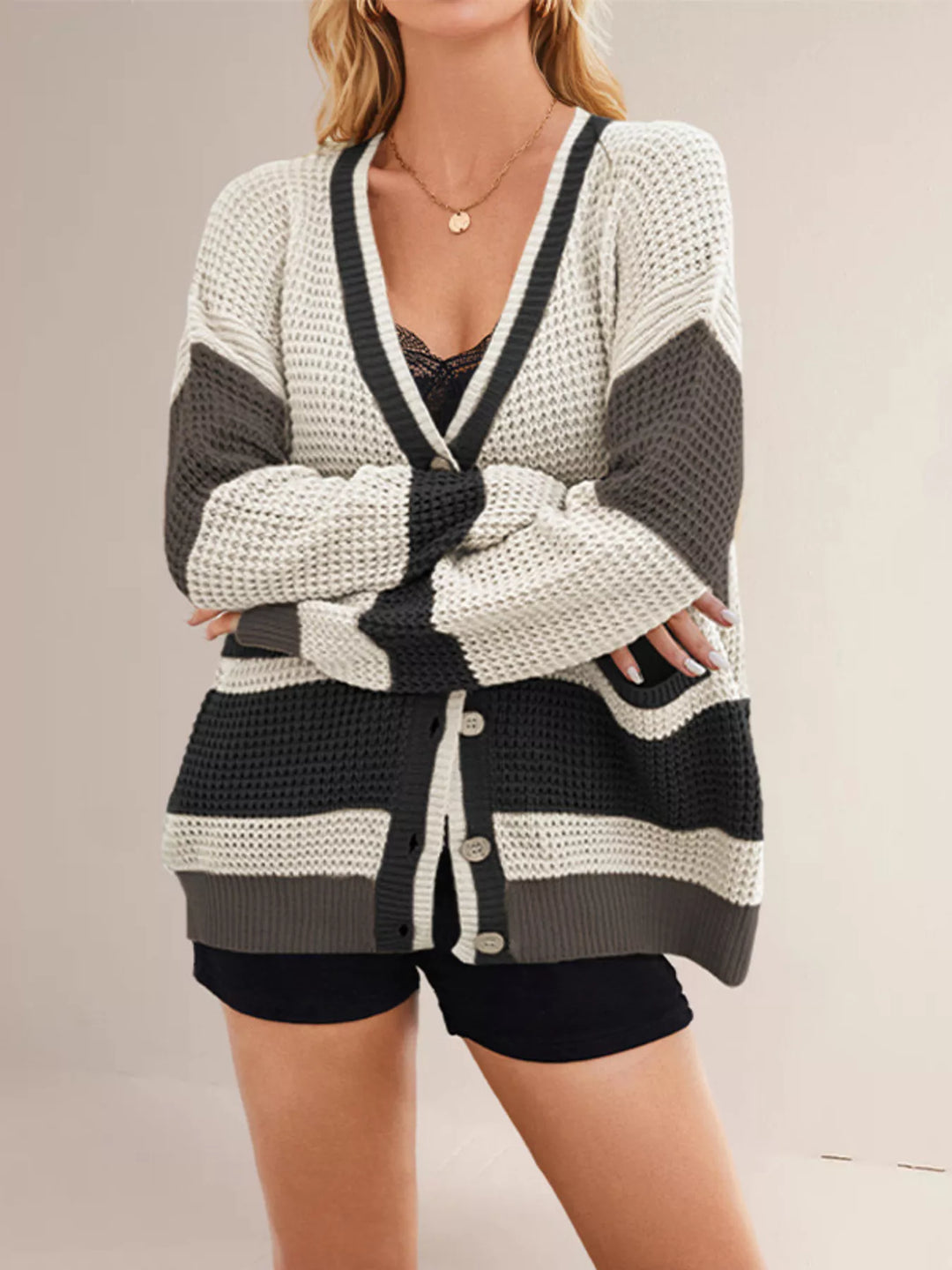 Color block waffle knit button-front V-neck cardigan
