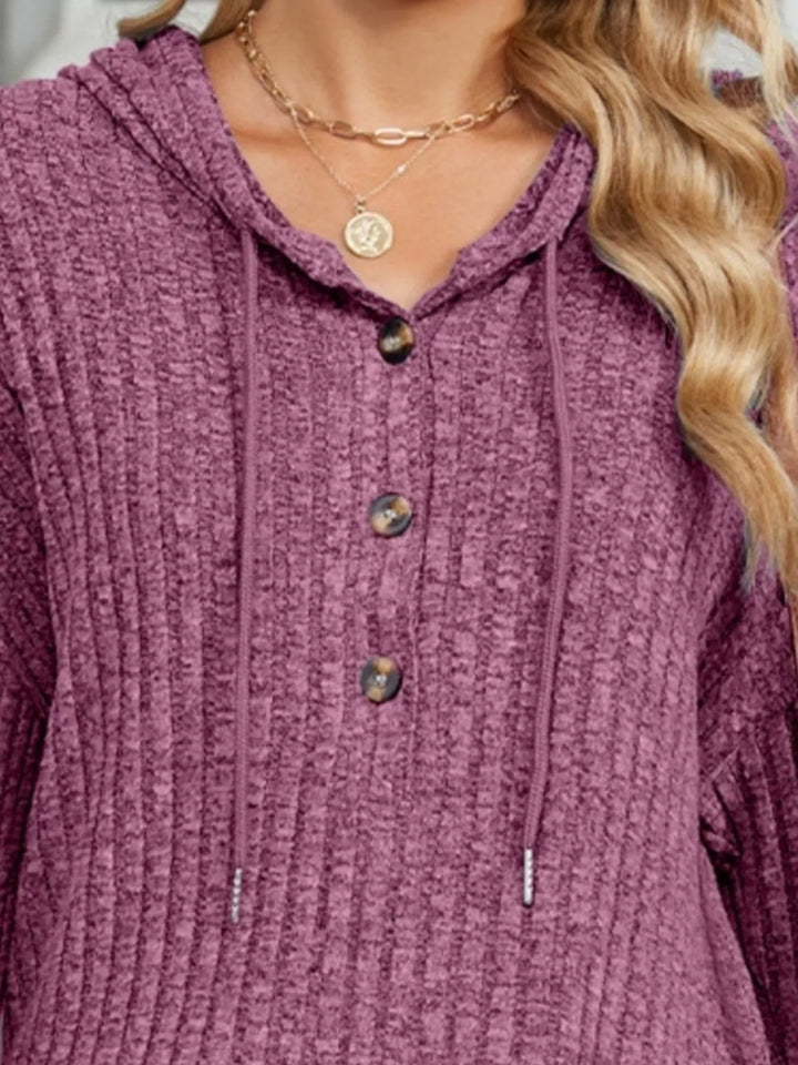 Ribbed knit henley hoodie with drawstring hood