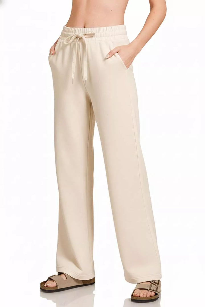 SAND BEIGE Scuba wide-leg drawstring pants with side pockets