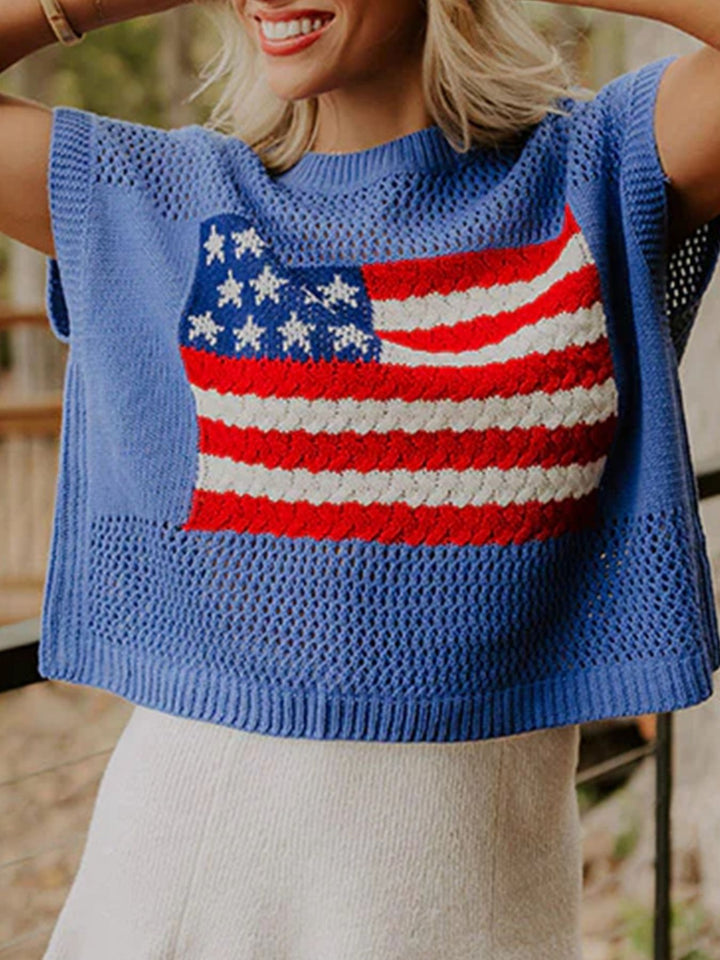 American flag open-knit short sleeve sweater top