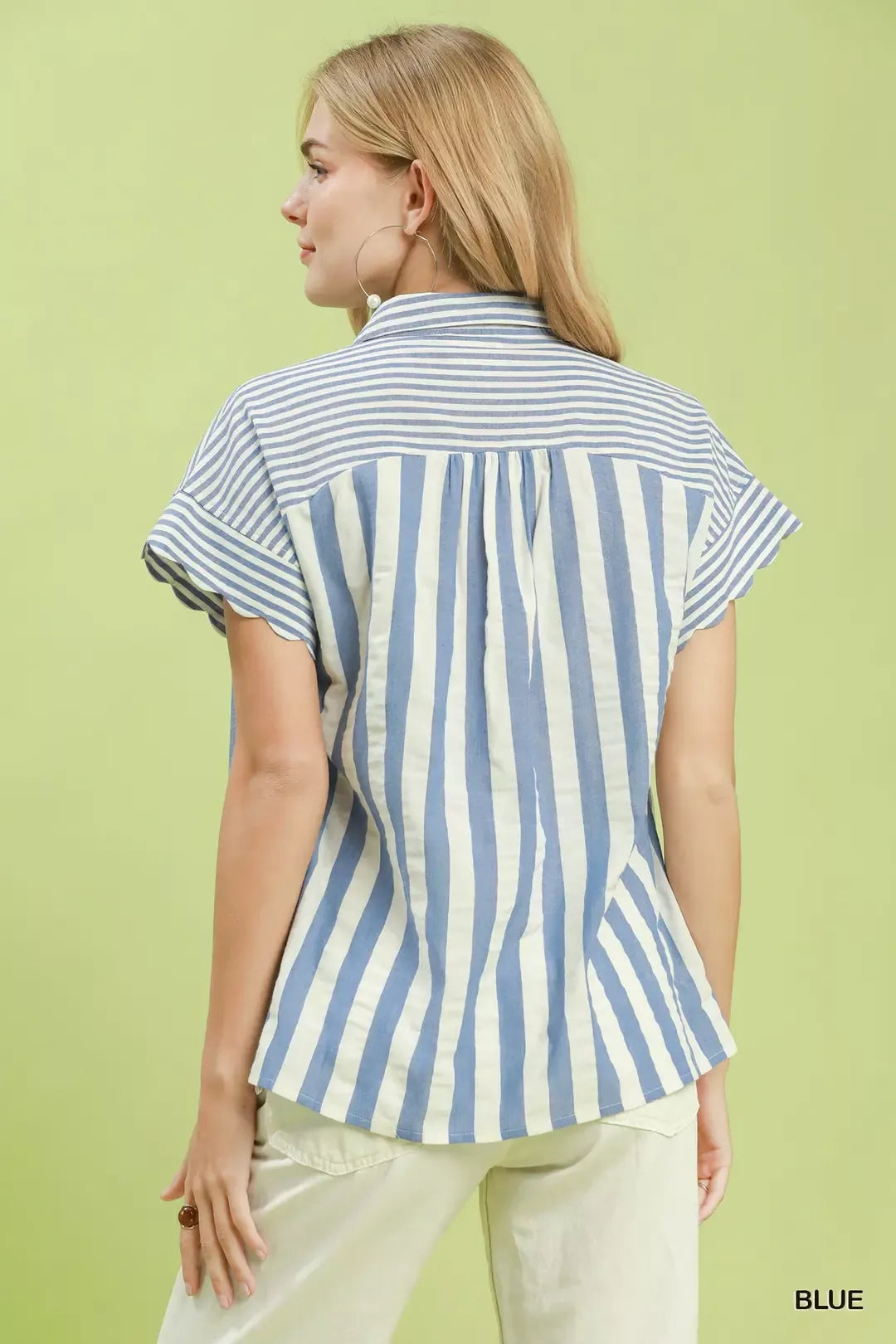 Striped flutter sleeve button-front cotton top