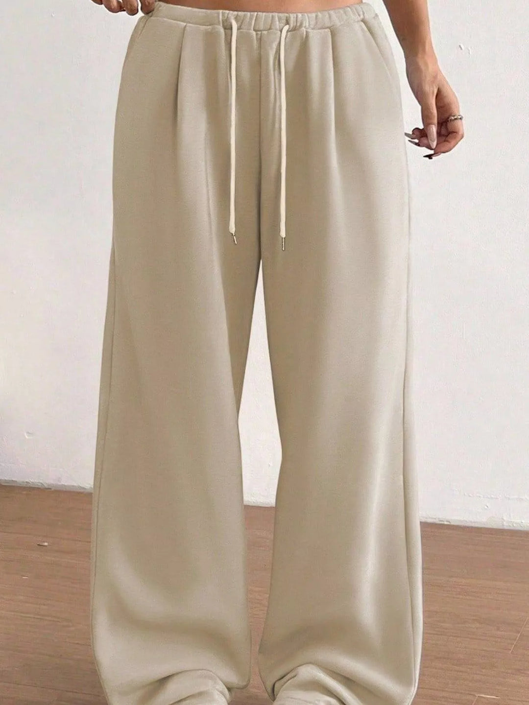 Tan High-waist wide-leg drawstring sweatpants