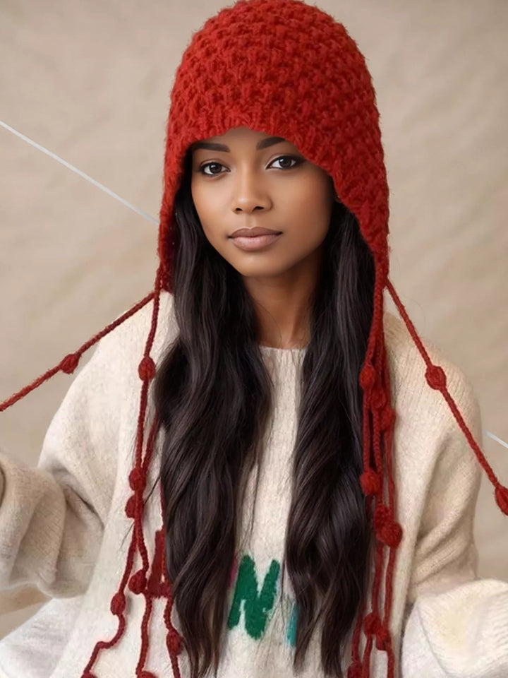 Deep Red Chunky knit earflap beanie with braided tassel ties