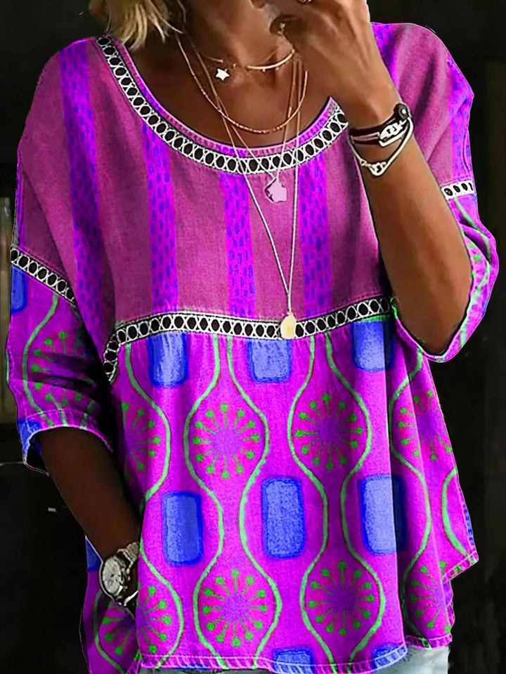 Purple Floral print crochet-trim tunic top with 3/4 sleeves