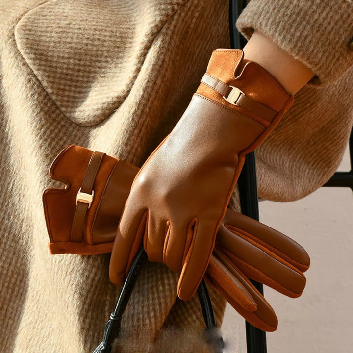 Caramel Faux leather gloves with gold buckle strap and suede panels