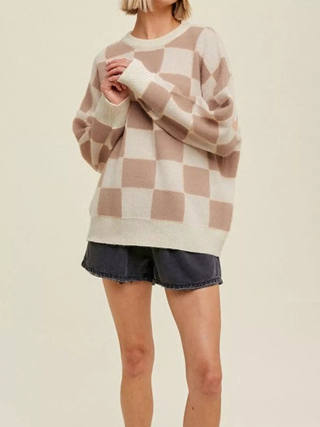 Checkered knit crewneck sweater with ribbed trim
