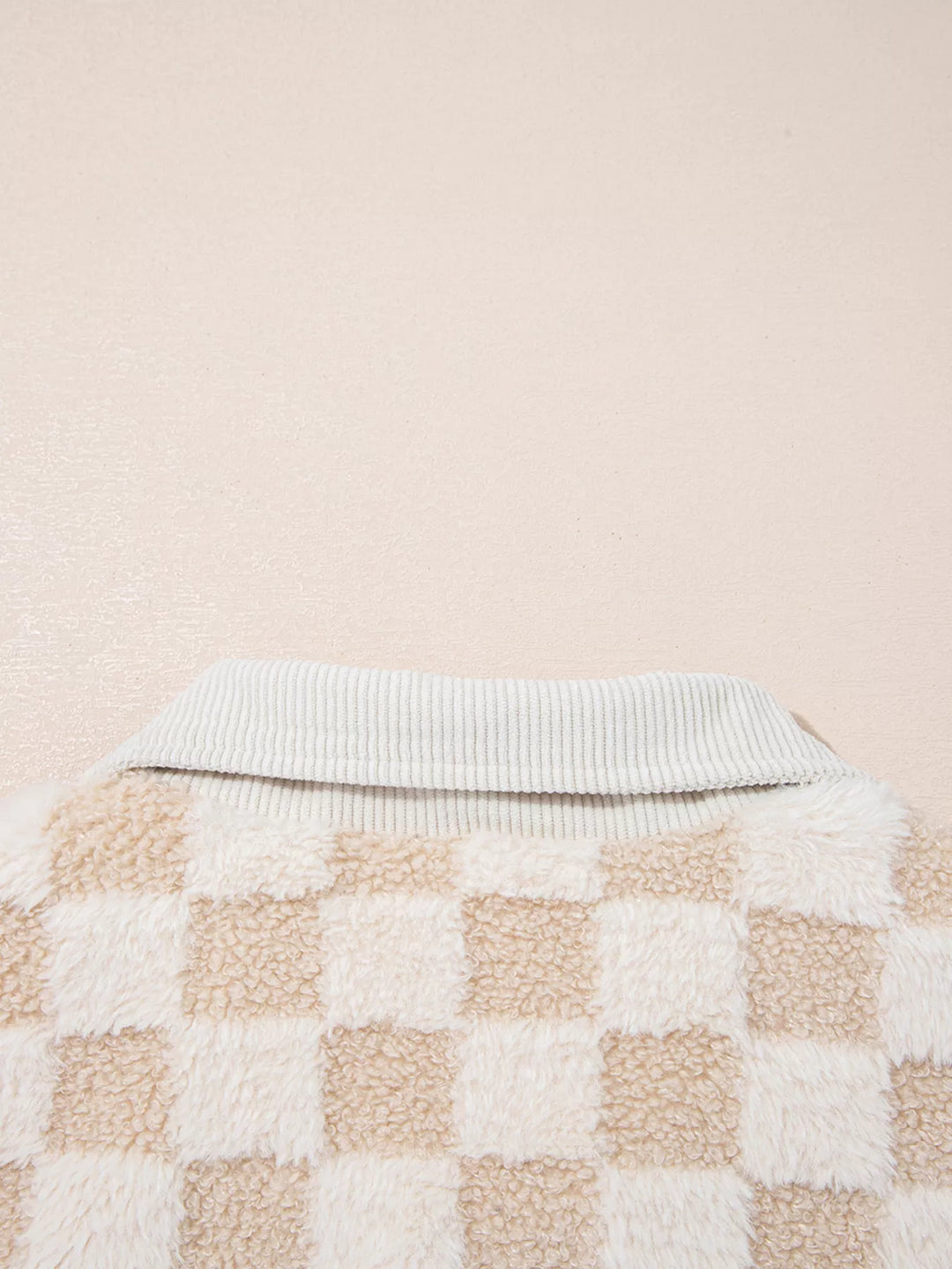 Checkered sherpa zip-up jacket with corduroy collar and trim