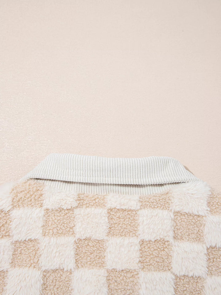Checkered sherpa zip-up jacket with corduroy collar and trim